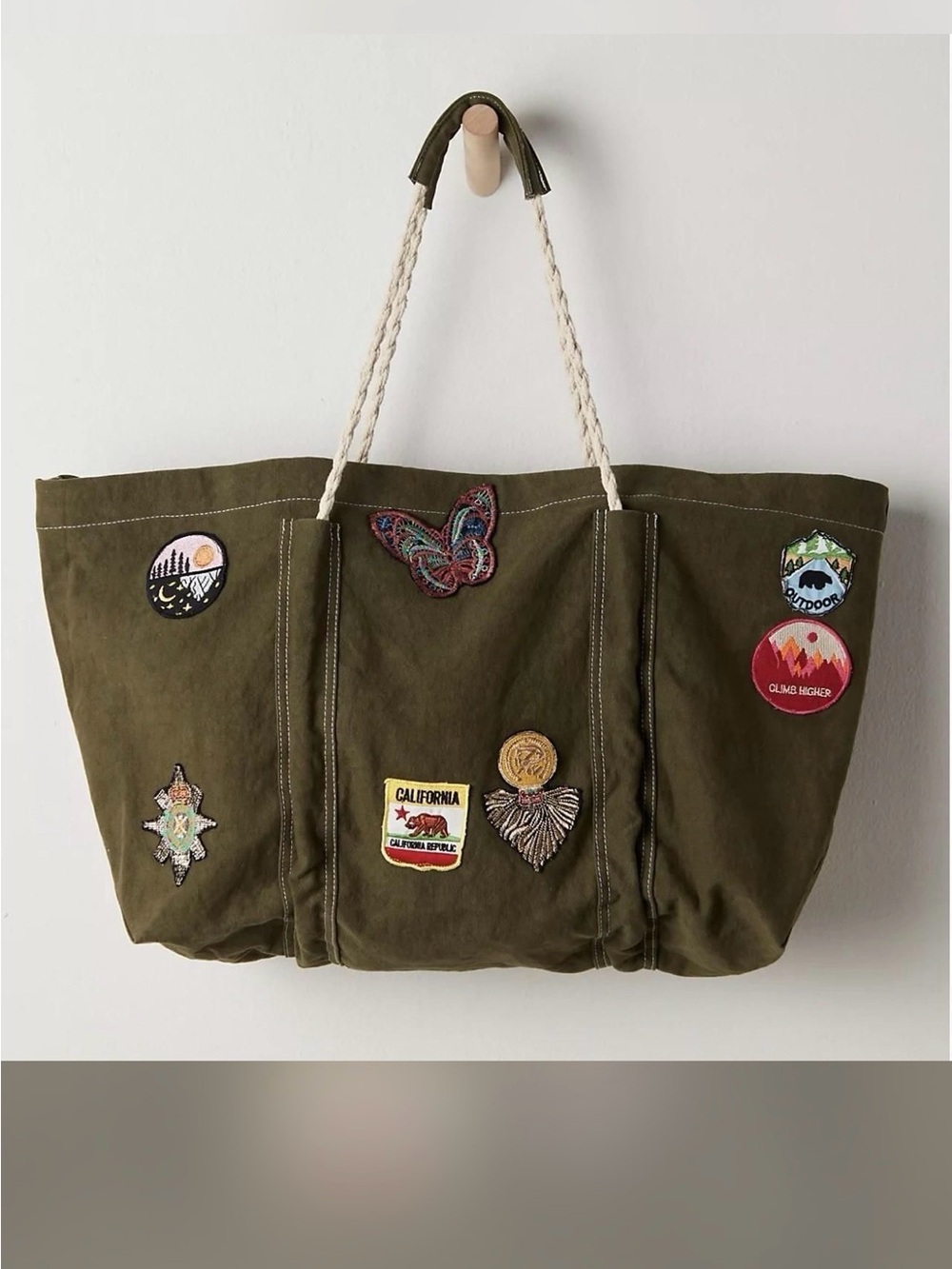 Free People Olive Green Canvas Tote with Embroidered Patch Details